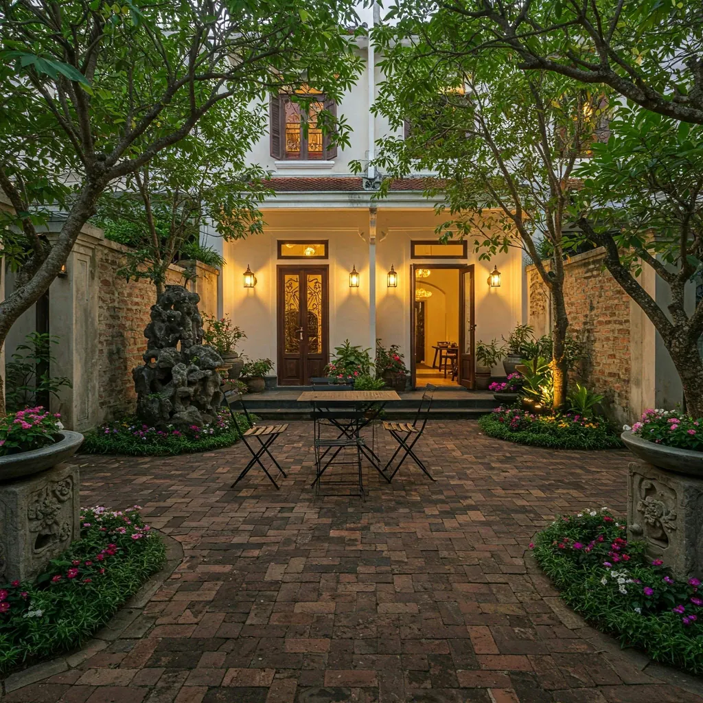 Brick courtyard framed by mulched flower beds and ornamental plantings