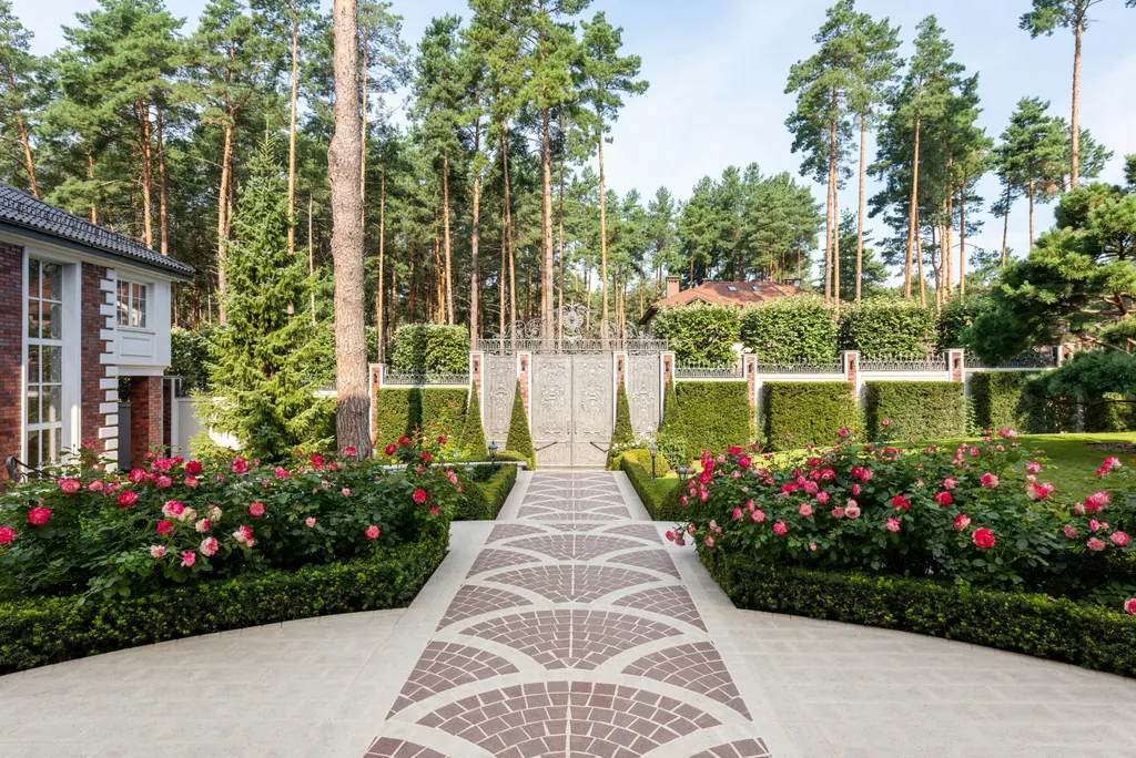 Brick walkway lined with rose hedges leading to a formal entrance