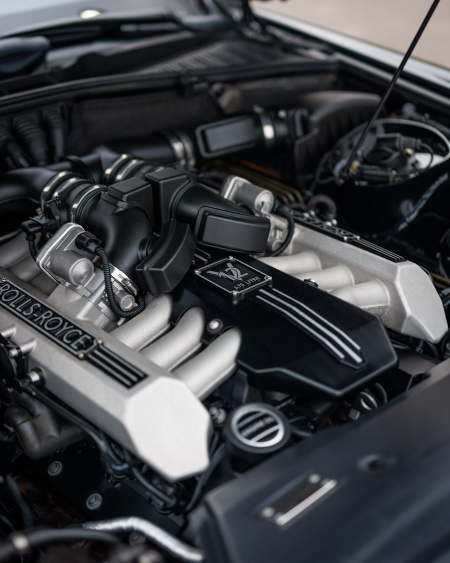 Close-up of an open engine bay during service