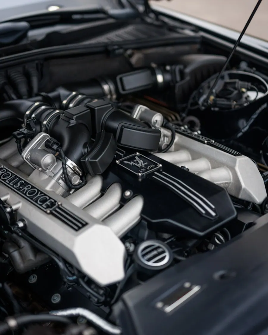 Close-up of an open engine bay during service